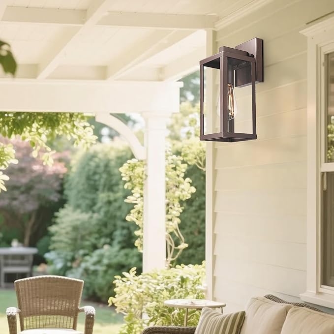 Outdoor Wall Light with Clear Glass, Anti-Rust Exterior Wall Sconce, Weather Resistant Outdoor Lantern, Exterior Lighting for Porch, Patio, Garage, Entryway (Oil-Rubbed Bronze, 13" Height-2 Pack)