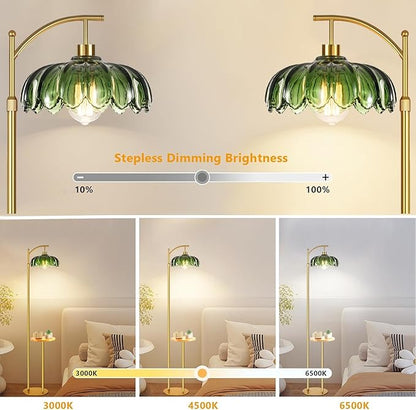 Glass Floor Lamp with Table and Shelves for Living Room Bedroom,Gold Standing Lamp with Remote Dimmable,Boho Brass Tall Lamp Vintage Farmhouse Arc Green Flower Floor Light Bohemian