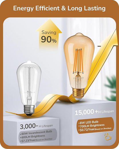 EDISHINE 6 Pack Vintage LED Edison Bulbs 8W Equivalent 60W, ST64 Dimmable Led Light Bulbs, 700LM 2200K Amber Warm Light E26, Decorative Antique LED Filament Bulbs for Home and Commercial, UL Listed