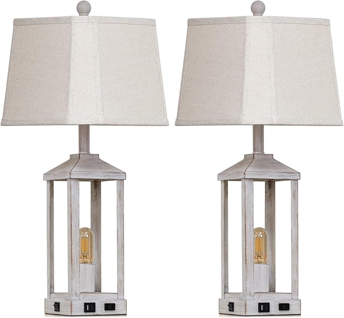 28" Set of 2 Vintage Table Lamps for Living Room，Farmhouse Industrial Nightstand Lamp with USB C+A & Outlet ，White Bedside Lamps for End Table with Nightlight, Bell Lampshades for Bedroom Nightstand