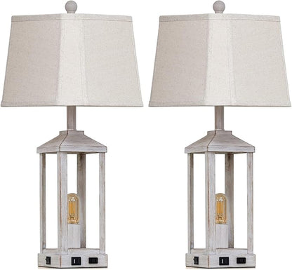28" Set of 2 Vintage Table Lamps for Living Room，Farmhouse Industrial Nightstand Lamp with USB C+A & Outlet ，White Bedside Lamps for End Table with Nightlight, Bell Lampshades for Bedroom Nightstand
