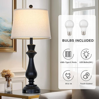 Modern Black Table Lamp for Living Room,30" Tall Bedside Lamp with USB Charging Port,3-Way Dimmable Touch Nightstand Lamp for Bedroom Desk Side Table Office,Black-1P