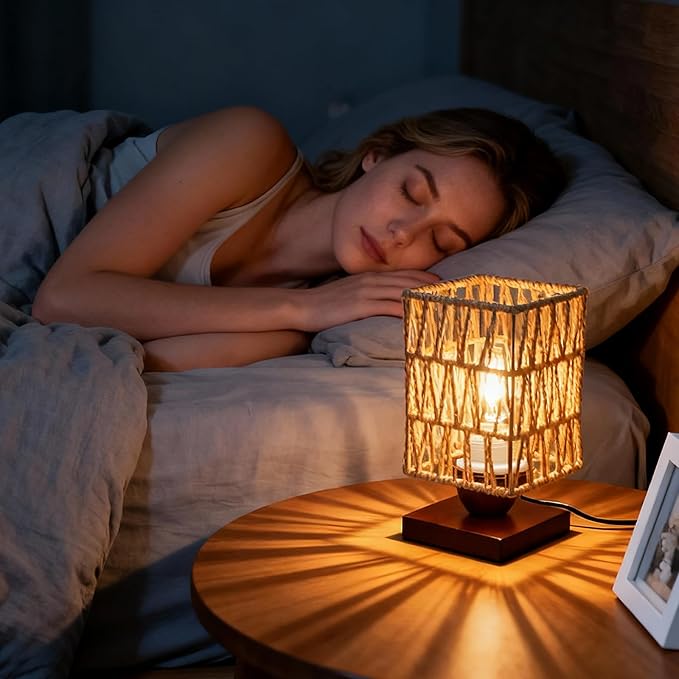 Boho Small Table Lamp,Vintage Wicker Wooden Nightstand Bamboo Woven End Table Lamps,Farmhouse Rattan Beside Lamp for Room Decor, for Bedroom Living Room Desk Kids Room(LED Bulb Included) (B)