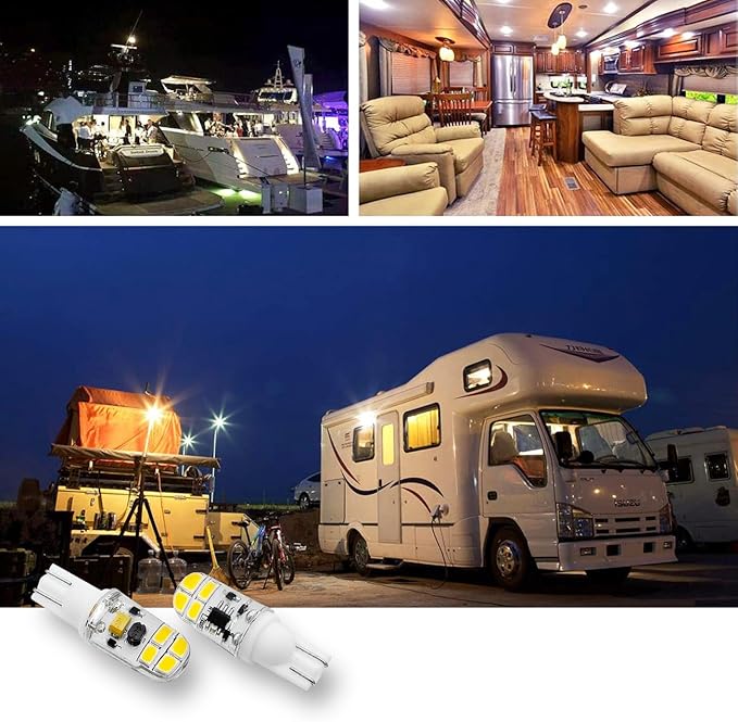 KAKEMONO T5 T10 Wedge Base 2W LED Bulb for 12V 24volt Landscape Path Light, 921 922 912 194 168 T10 Wedge RV Camper Trailer Motorhome Marine Boat Dome Light, 2700K Warm White, 10 Pack