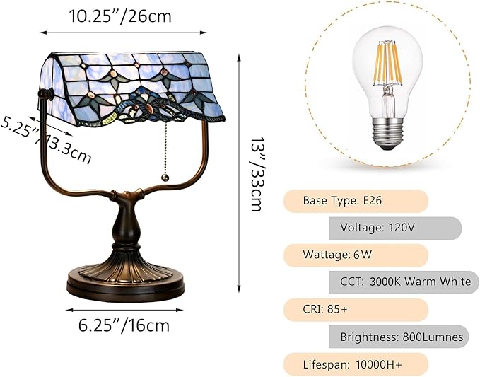 TL0031 Baroque Tiffany Banker Desk Lamp Stained Glass Blue Shade with Vintage Bronze Base W10.25 X OH13 Inches, Art Nouveau Decor for Home Office,LED Bulb Included (Baroque)
