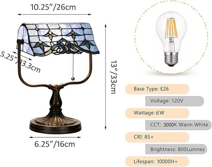 TL0031 Baroque Tiffany Banker Desk Lamp Stained Glass Blue Shade with Vintage Bronze Base W10.25 X OH13 Inches, Art Nouveau Decor for Home Office,LED Bulb Included (Baroque)