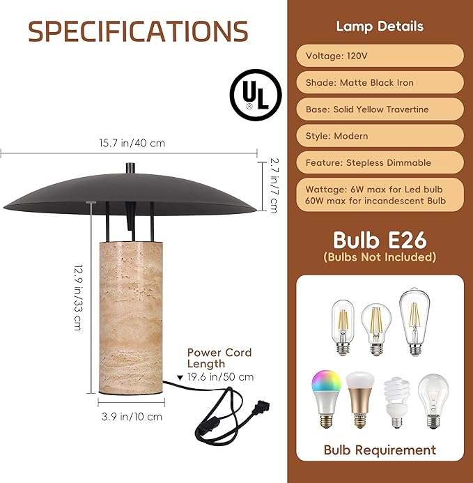 Littleglovo Large Table Lamp, Modern Travertine Bedside Lamp with Matte Black Iron Shade, Luxury Nightstand Lamp for Bedroom, Kid Room, Nursery, Living Room Home Decor, E26 Socket, 15.7Inch