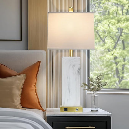 28.5" White Ceramic Lamps Set of 2, 3-Way Touch Control Bedside Table Lamp with USB C+A Ports, Modern Square Lamps for Living Room, Tall Bedroom Lamp for Night stand Side End Table Home Decor