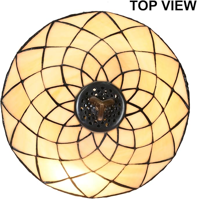 TL0028 Tiffany Table Lamp Stained Glass Lampshade Beige-Like Color with Geometric Pattern, Warm Glow & Elegant Design, Antique Finished Lamp Base, W 14 X H 24 Inches, LED Bulb Included