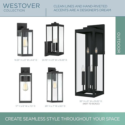 Quoizel Westover Modern Wall Sconce, 10 Inch Earth Black 1-Light Outdoor Light Fixture, Clear Transparent Glass Wall Lantern, 100 W, Industrial Design Wall Light for Porch, Patio, Gazebo or Yard