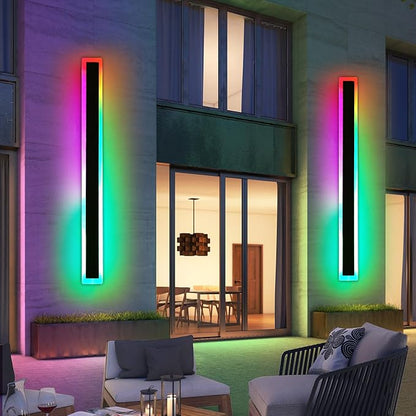 2 Pack RGB Modern Outdoor Wall Lights, 57inch Dimmable LED Wall Sconce Light with Remote Control, 10 Colors, 5 Modes, IP65 Waterproof Exterior Light Fixture for Porch, Patio, Garage