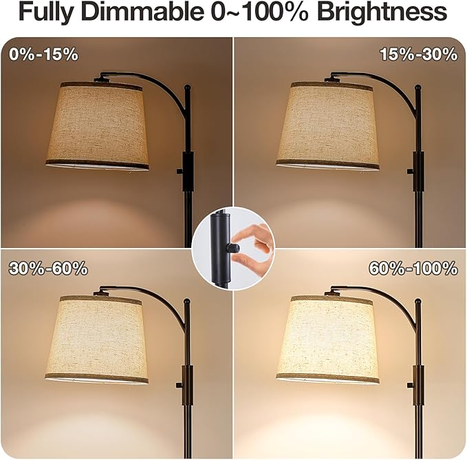 AIDENOEY Fully Dimmable Floor Lamp for Living Room，Standing Lamp Rotary Switch with Table&Linen Beige Shade，Brown Tall Lamps for Bedroom with Adjust Head，9W LED Bulb Included