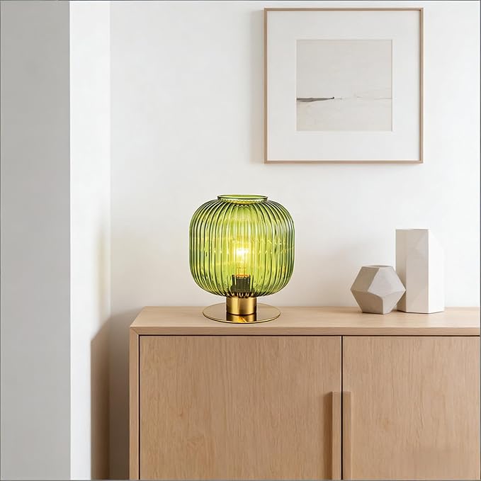 NKU Vintage Green Hand-Blown Ribbed Glass Table Lamp - Mid-Century Glare-Free Eye-Care Bedside Light for Bedroom Nightstand, Living Room, Office, Bookshelf & Corner