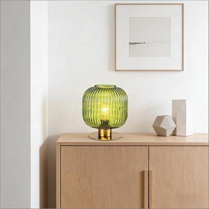 NKU Vintage Green Hand-Blown Ribbed Glass Table Lamp - Mid-Century Glare-Free Eye-Care Bedside Light for Bedroom Nightstand, Living Room, Office, Bookshelf & Corner