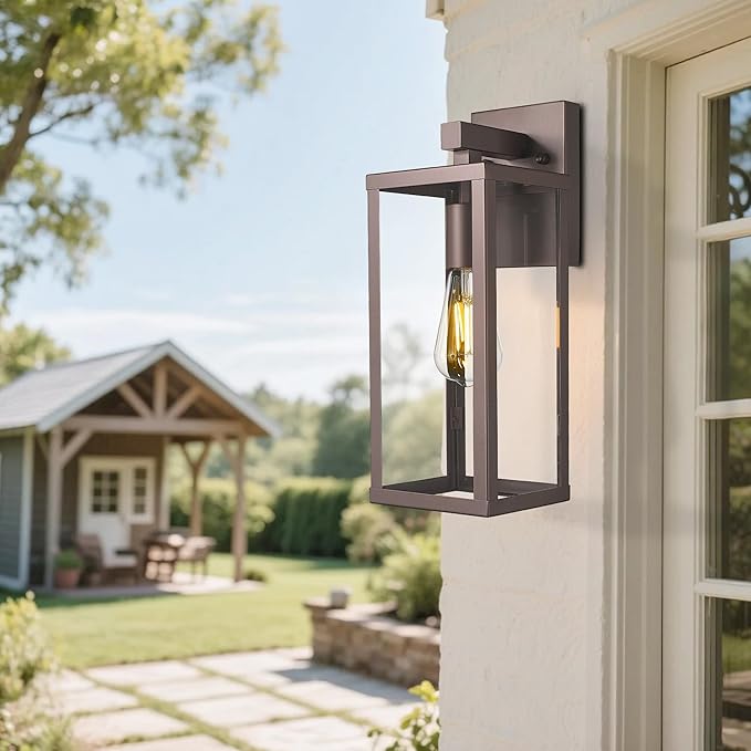 Outdoor Wall Light with Clear Glass, Anti-Rust Exterior Wall Sconce, Weather Resistant Outdoor Lantern, Exterior Lighting for Porch, Patio, Garage, Entryway (Oil-Rubbed Bronze, 15.5"Height-2 Pack)