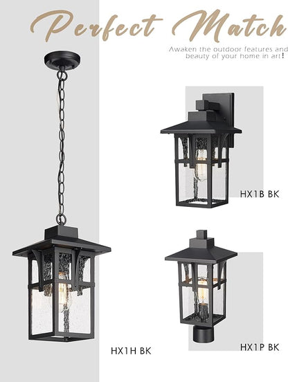 Outdoor Light Fixture, HWH Large Outdoor Wall Lantern, 1-Light Exterior Wall Mount Light with Seeded Glass, Matte Black Finish, 15" Height, HX1B BK (Large)