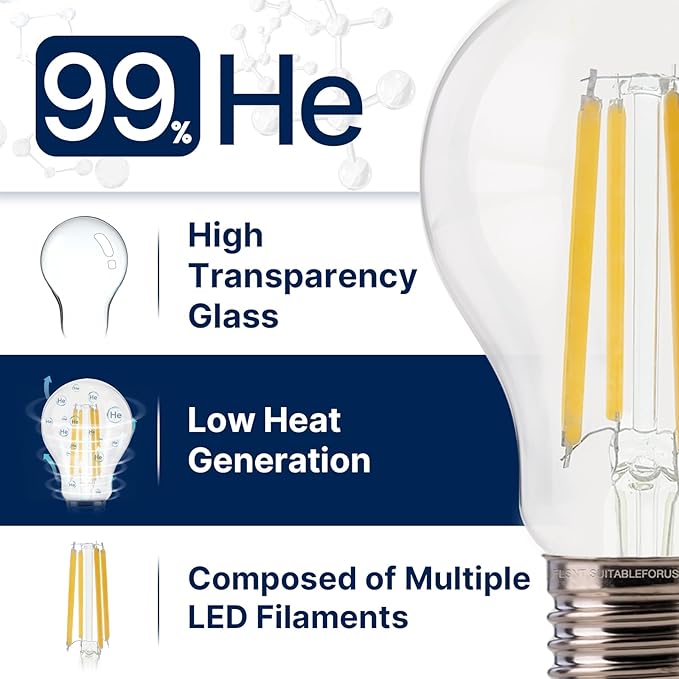 FLSNT 100W Equivalent A19 LED Light Bulbs, Efficient 12W, 1600Lumens, 2700K Soft White, CRI82, E26 Base LED Filament Light Bulbs, Clear Glass, 4 Pack, Non-Dimmable