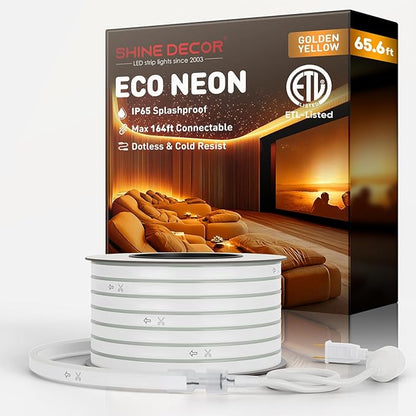Shine Decor LED Rope Lights AC 120V, Connectable & Cuttable Dotless 120LEDs/M Eco Neon Strip Lighting, ETL IP65 Waterproof & Weather-Resistant for Home Commercial, 8x16mm, Gold, 65.6FT