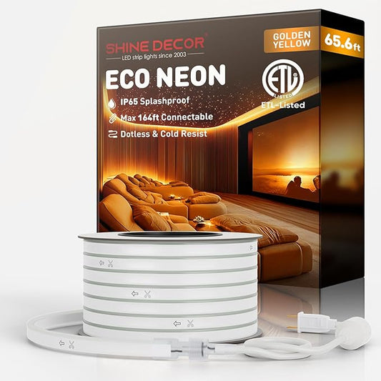 Shine Decor LED Rope Lights AC 120V, Connectable & Cuttable Dotless 120LEDs/M Eco Neon Strip Lighting, ETL IP65 Waterproof & Weather-Resistant for Home Commercial, 8x16mm, Gold, 65.6FT