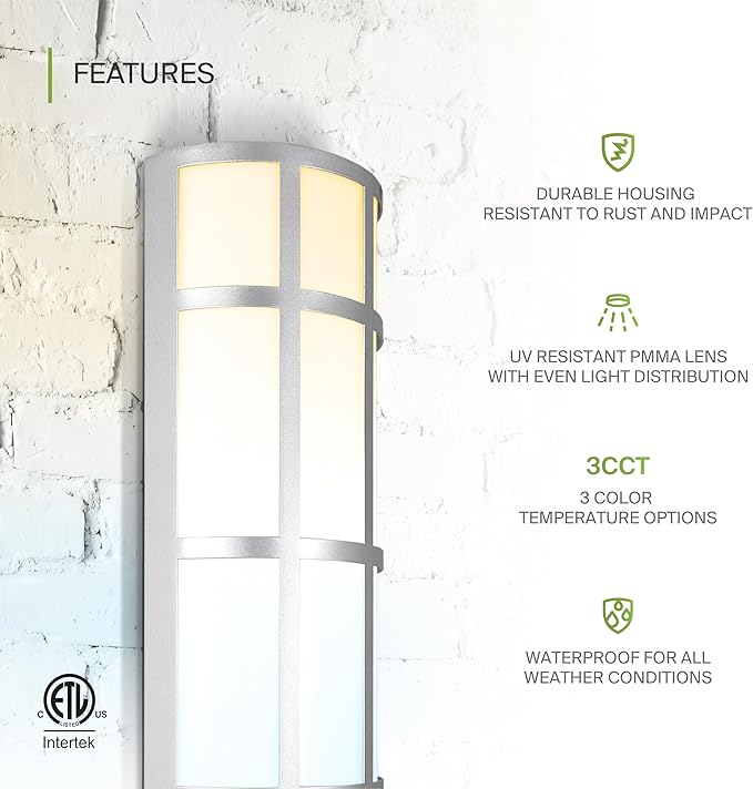 ASD 36 Inch LED Outdoor Wall Mount Light Fixture with Grid - Brushed Nickel Modern Wall Sconce - 30W 120-277V 3000K 4000K 5000K Adjustable - Dimmable Exterior Lights - Front Door, Patio - ETL