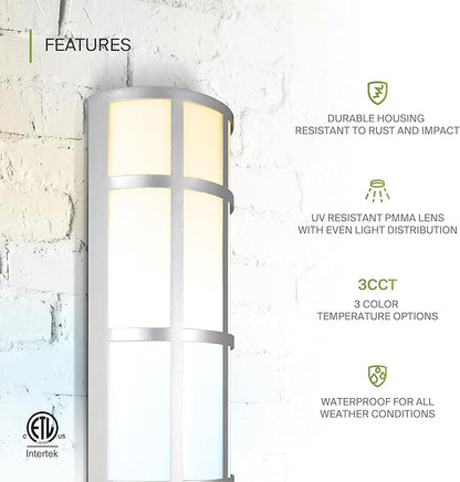 ASD 36 Inch LED Outdoor Wall Mount Light Fixture with Grid - Brushed Nickel Modern Wall Sconce - 30W 120-277V 3000K 4000K 5000K Adjustable - Dimmable Exterior Lights - Front Door, Patio - ETL 2 Pack