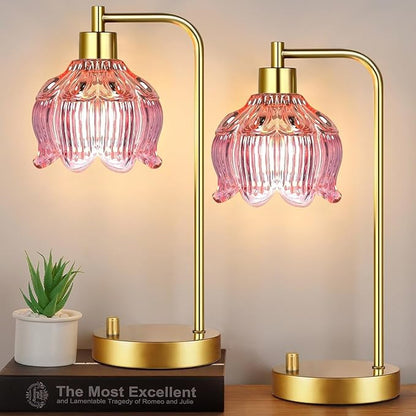 Pink Table Lamp Set of 2,Small Gold Bedside Lamps Dimmable Boho Bedroom Lamp with Flower Glass Lamp Shade,Vintage Mid Century Modern Mini Nightstand Lamp for Girls Kids Bedroom Living Room