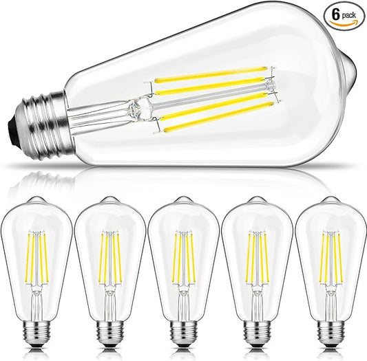 Svater Vintage LED Edison Bulbs 6W Equivalent 60W, Dimmable, Daylight 5000K, 850 Lumens ST58 Antique LED Filament Bulbs with 85+ CRI, E26 Medium Base, Clear Glass, Pack of 6