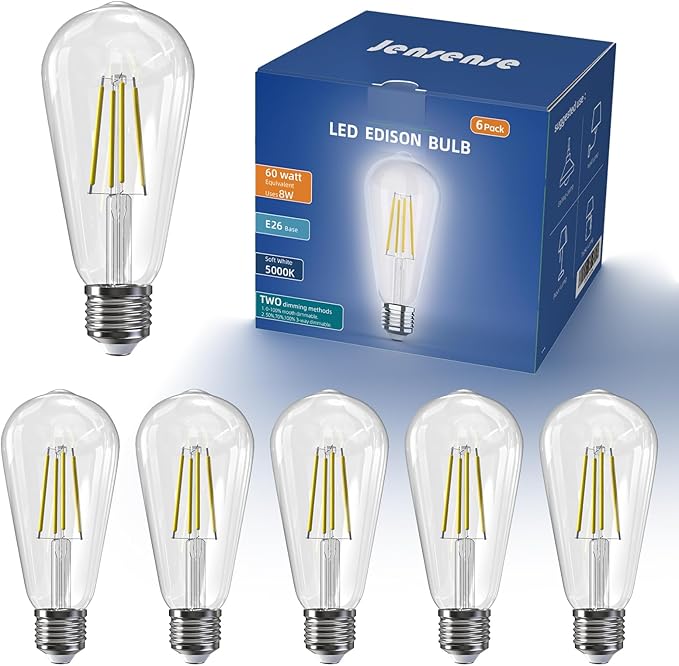 Jensense LED Edison Light Bulbs 8 Watt Dimmable 5000K Daylight White, E26 60 Watt Equivalent, Vintage Bulbs 800lm CRI 90 Clear Glass 6 Pack