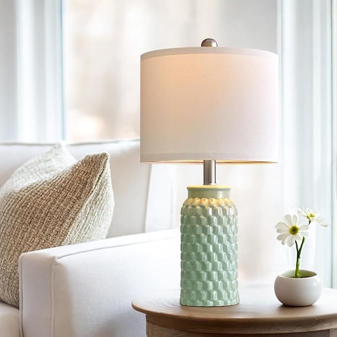 20.5" Set of 2 Bedside Table Lamps Modern Green Honeycomb Ceramic - Linen Shade, E26 Knob Switch for Living Room, Bedroom & Nightstand