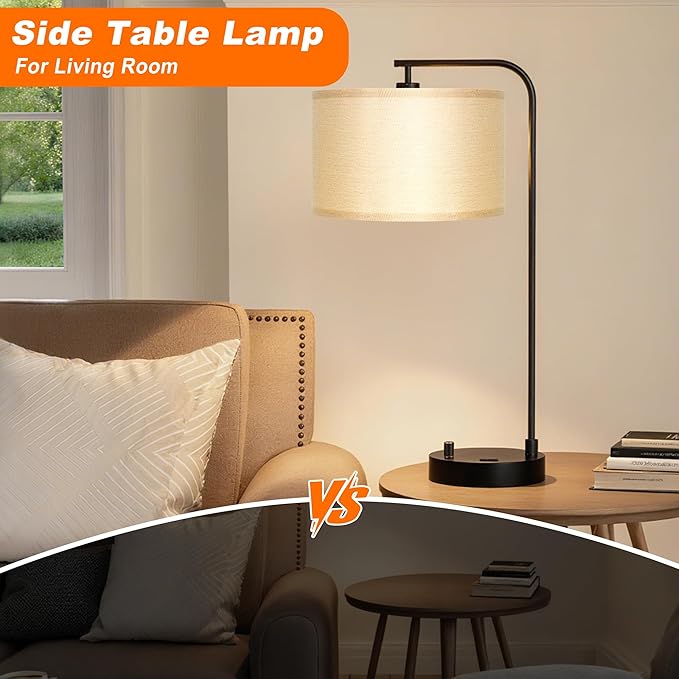 Tall Table Lamp for Bedroom Set of 2 with USB Port and Outlet, Dimmable Nightstand Bedside Lamps with Linen Lampshade, Desk Lamp for Bedroom, Living Room, Guest Room, Home Office, LED Bulb Included
