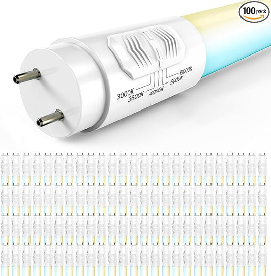 Sunco 100 Pack T8 LED Bulbs 4 Foot, LED Fluorescent Tube Replacement, 4ft LED Tube Light, Ballast Bypass, 18W, 2200 LM, Selectable CCT 3000K/3500K/4000K/5000K/6000K, Single Ended Power Frosted Lens UL