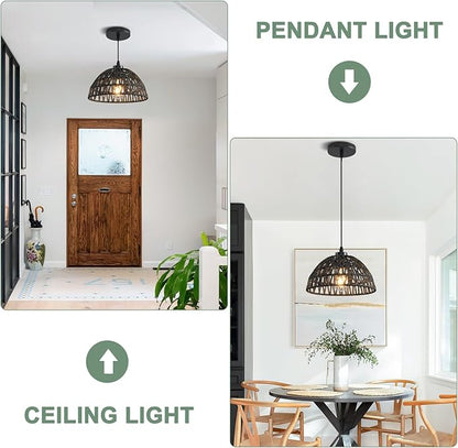 3 Pack Woven Pendant Light Fixtures,10.2" Black Rattan Pendant Lights Farmhouse Basket Light Fixture Adjustable Boho Hanging Lamp for Kitchen Island Bedroom Dining Room Foyer Hallway