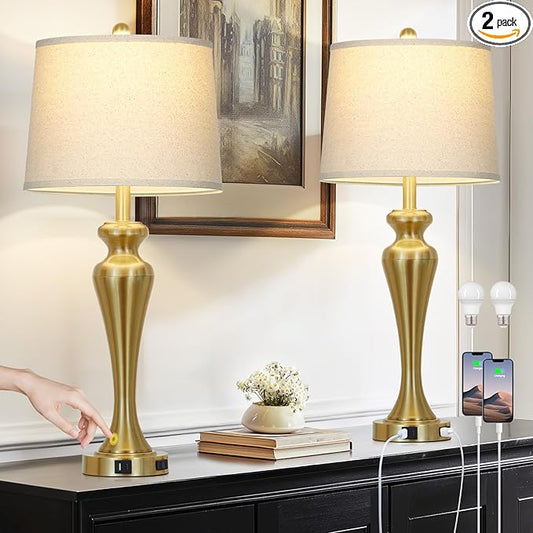 30" Gold Table Lamps Set of 2, 3-Way Dimmable Touch Lamps for Nightstand with USB A+C Ports and AC Outlet, Tall Bed Side Lamp for Living Room, Modern Brass Lamp for Bedroom Side End Table