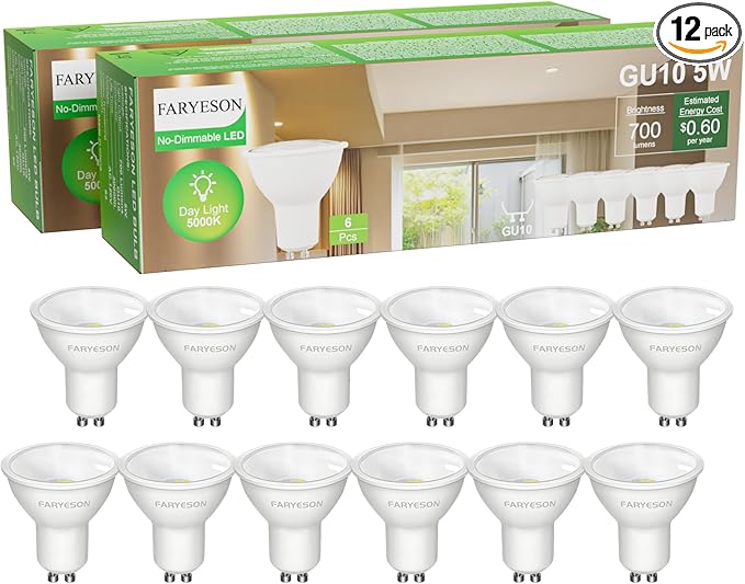 GU10 LED Light Bulbs - 5W, Daylight White (5000K), Non-Dimmable, 700 Lumens, Wide 110° Flood Beam, Great for Recessed and Track Lighting in Kitchens, Living Rooms, and Bedrooms, 12-Pack