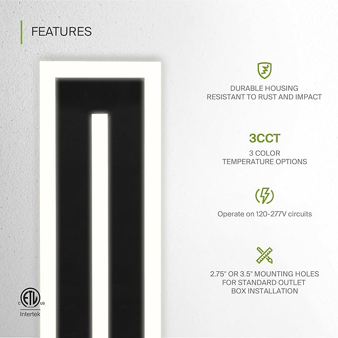 ASD LED 24" Long Wall Mount Light Fixture, Outdoor & Indoor Linear Sconce | 3CCT, Dimmable, Waterproof, Anti-Rust, ETL Listed | 24W 1630LM 3000-5000K 100-277V | Exterior Porch Lighting | Black