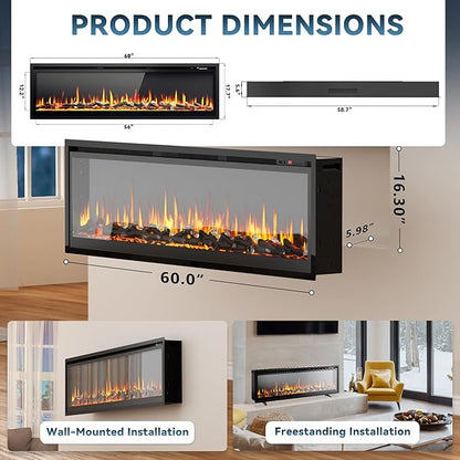 EUHOMY 60 Inch Electric Fireplace Recessed Wall Mounted Freestanding with Remote Control, Ultra-thin Fireplace Heater with Adjustable Flame Color, Linear Fireplace with Timer, Log & Crystal, 750/1500W