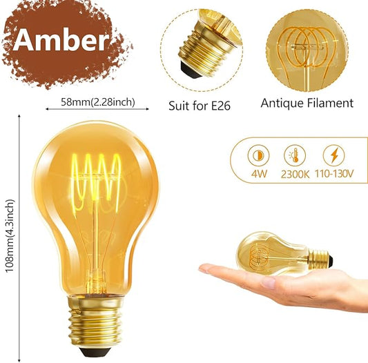 HESSION A19 Vintage LED Edison Bulbs, 4W Equivalent 40W Dimmable LED Bulbs, 400 Lumens 2300K Amber Warm Light Bulbs, E26 Base Decorative Antique Spiral A19 Light Bulb for Light Fixture, Pack of 4