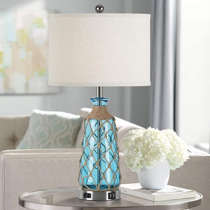 25.5" Coastal Glass Table Lamps Set of 2, 3-Way Dimmable Touch Control Bedside Lamps with 2 USB Ports and AC Outlet, Blue Nautical Nightstand Lamps for Bedroom Living Room (LED Bulbs Included)