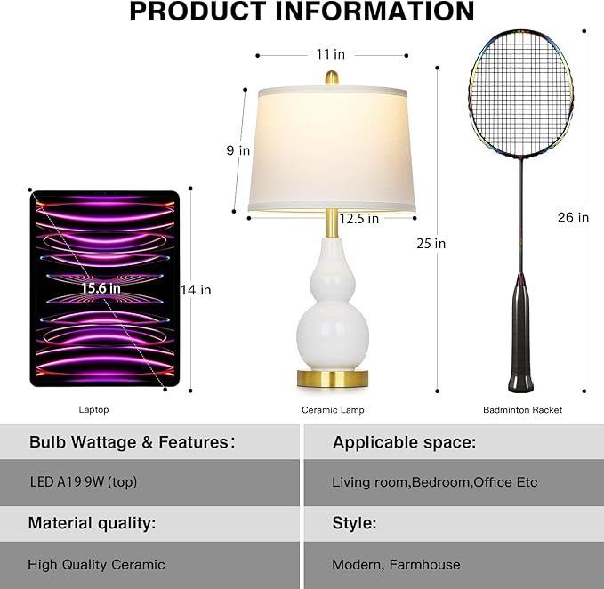 Ceramic Table Lamp for Living Room, 25" Modern Double Gourd Ceramic Lamp for Bedroom White Farmhouse Rustic Classic Bedside Lamp with Round Fabric Shade for Night stand Desk End Tables(Bulb Included)
