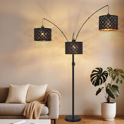 Dimmable Floor Lamp-3 Lights Arc Floor Lamps for Living Room,Modern Tall Standing Lamp with Black Drum Shades,Gothic Mid Century Tree Floor Lamp for Bedroom Corner,3x1000LM LED Bulbs Included
