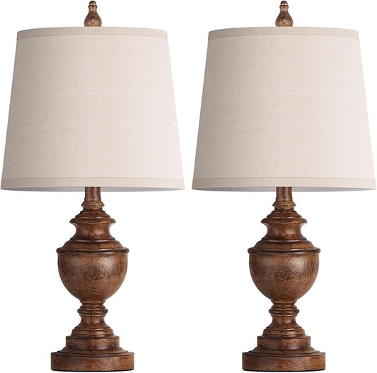 PARTPHONER Retro Table Lamps Set of 2, Bedside Lamp for Bedroom Rustic Farmhouse Table Lamps for Living Room, Vintage Nightstand Lamps with White Shades, Wood Grain