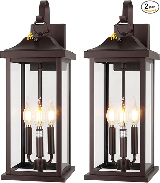 2-Pack 23” Dusk to Dawn Outdoor Light Fixtures Oil Rubbed Bronze 3-Light, Extra Large Exterior Lighting Photocell Sensor Vintage Brown Outdoor Wall Lanterns Porch Lights Garage, E12