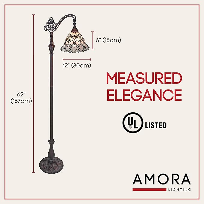 Amora Tiffany Floor Lamp Torchiere - Arched Style Peacock Floor Lamp - 62” Tall Peacock Floor Stained Glass Lamp - Tiffany Floor Lamps for Living Room