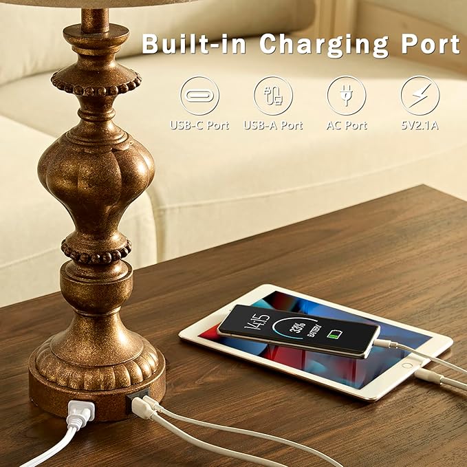 27.5" Farmhouse Table Lamps Set of 2 Bedside Nightstand Lamp with USB C+A Ports & AC Outlet, 3 Way Dimmable Lamps for Bedroom Living Room Office Rustic Lamp (Rotary Switch-Copper)