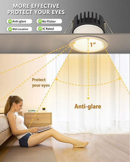 Adetu 3 Inch 5CCT Anti-Glare LED Downlight with Junction Box, 2700K/3000K/4000K/5000K Selectable,CRI90+, 12W COB, 1160LM, IP65 Waterproof, Dimmable-ETL and Energy Star Certified (White, 6 Pack)