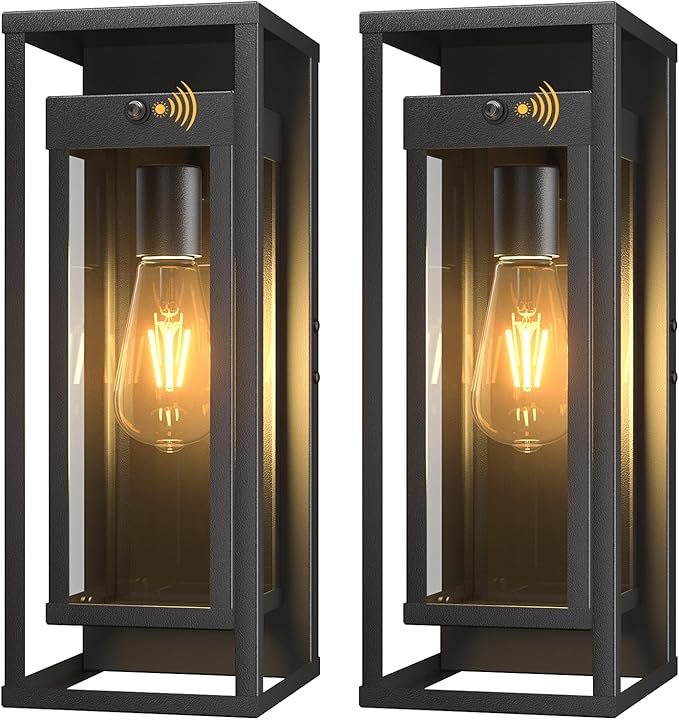Dusk to Dawn Outdoor Wall Light 2Pack-15in Waterproof Large Porch Sconce Wall Mounted Modern Exterior Lighting Fixture E26 Black Lantern for Outside House Garage Entryway