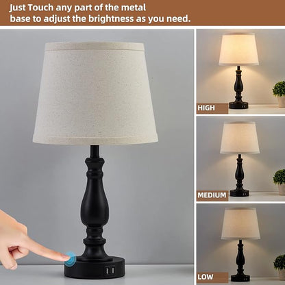 Lamps for Bedroom Set of 2,Touch Bedside Table Lamp with USB C+A Ports,Dimmable Nightstand Lamps with Round Fabric Linen Lampshade for Living Room Reading Bed Side End Table,Bulbs Included
