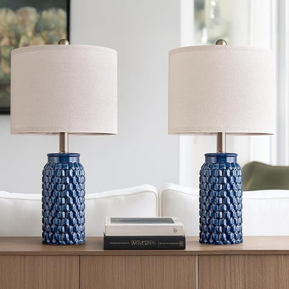 20.5" Set of 2 Bedside Table Lamps Modern Blue Honeycomb Ceramic - Linen Shade, E26 Knob Switch for Living Room, Bedroom & Nightstand