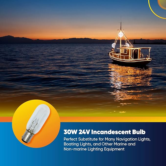 Technical Precision 30W 24V Incandescent Bulb Replacement for Perko 0374002clr Miniature T8 Bulb - BA15D Double Contact Bayonet Base - Marine Navigation Bulb - Clear - 1 Pack