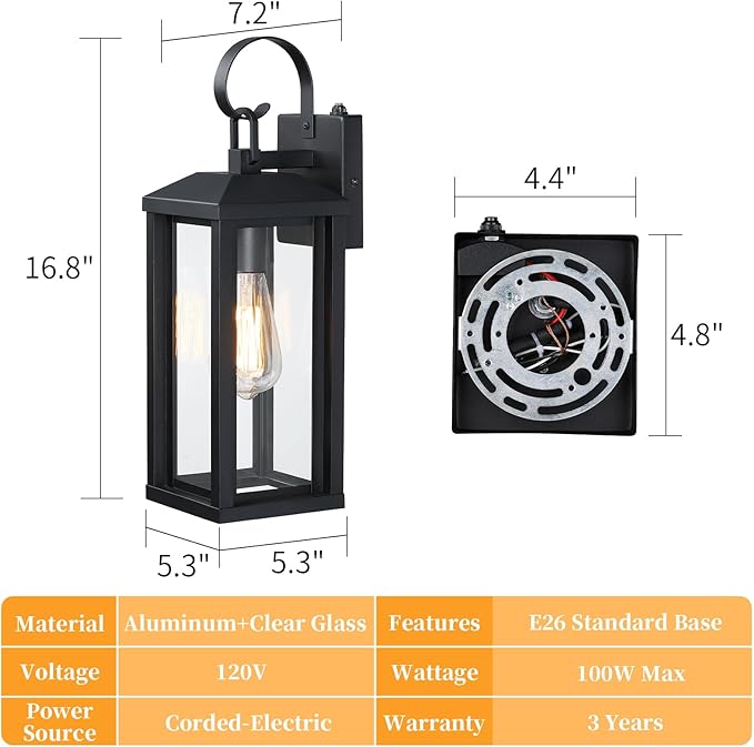 Dusk to Dawn Large Exterior Wall Lights 2-Pack, 17" Waterproof Outdoor Wall Porch Lights Sconces with Tempered Glass, Black Exterior Lighting Fixtures for Garage House, Bulb Not Included